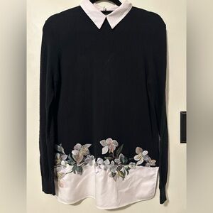 Ted Baker London Black Sweater with White Collar and Floral Hem